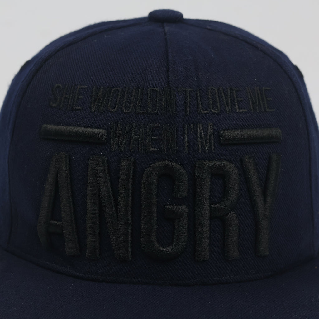Thrifted Premier Navy Blue "Angry" Slogan Snapback Hat - Size 57-59cm