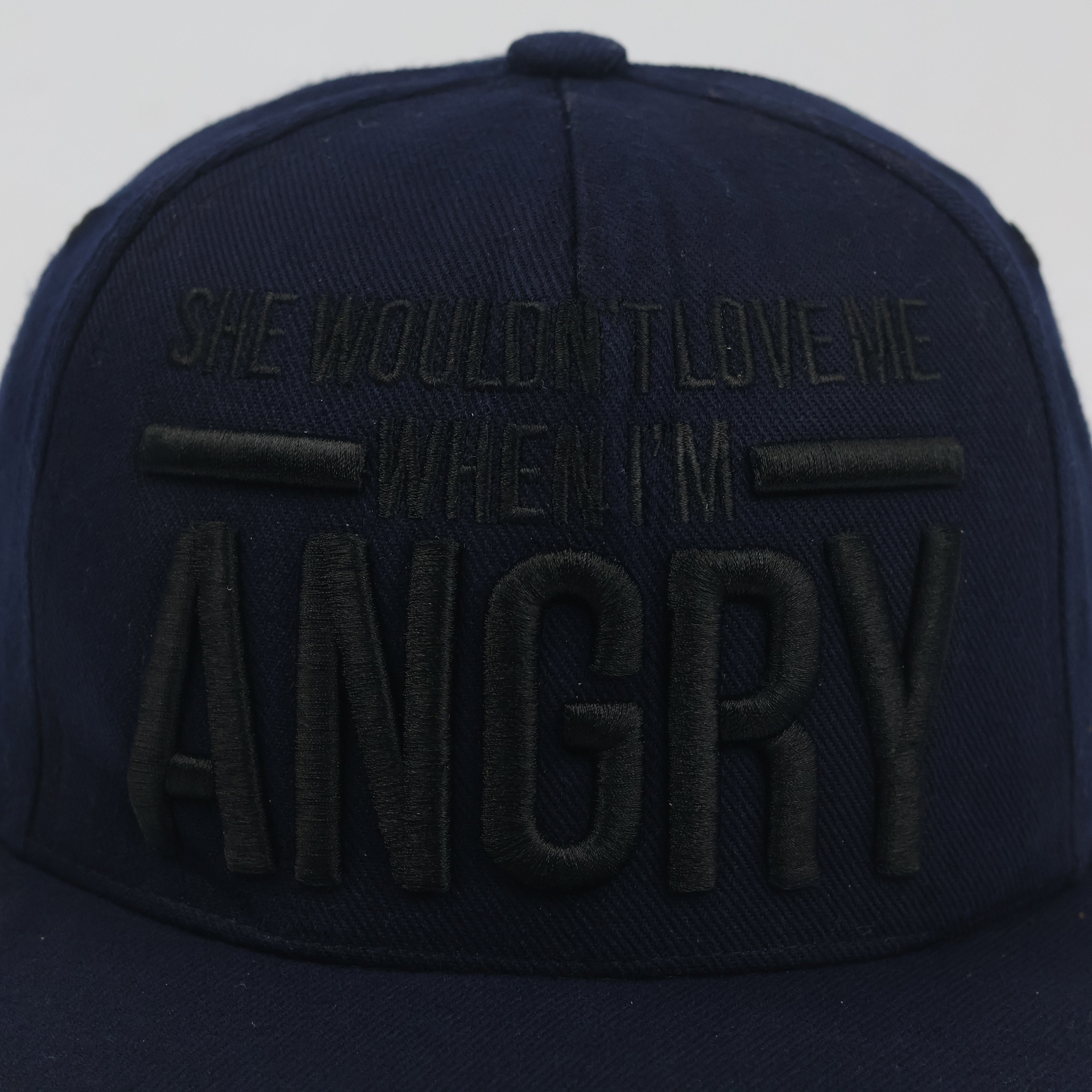Thrifted Premier Navy Blue "Angry" Slogan Snapback Hat - Size 57-59cm