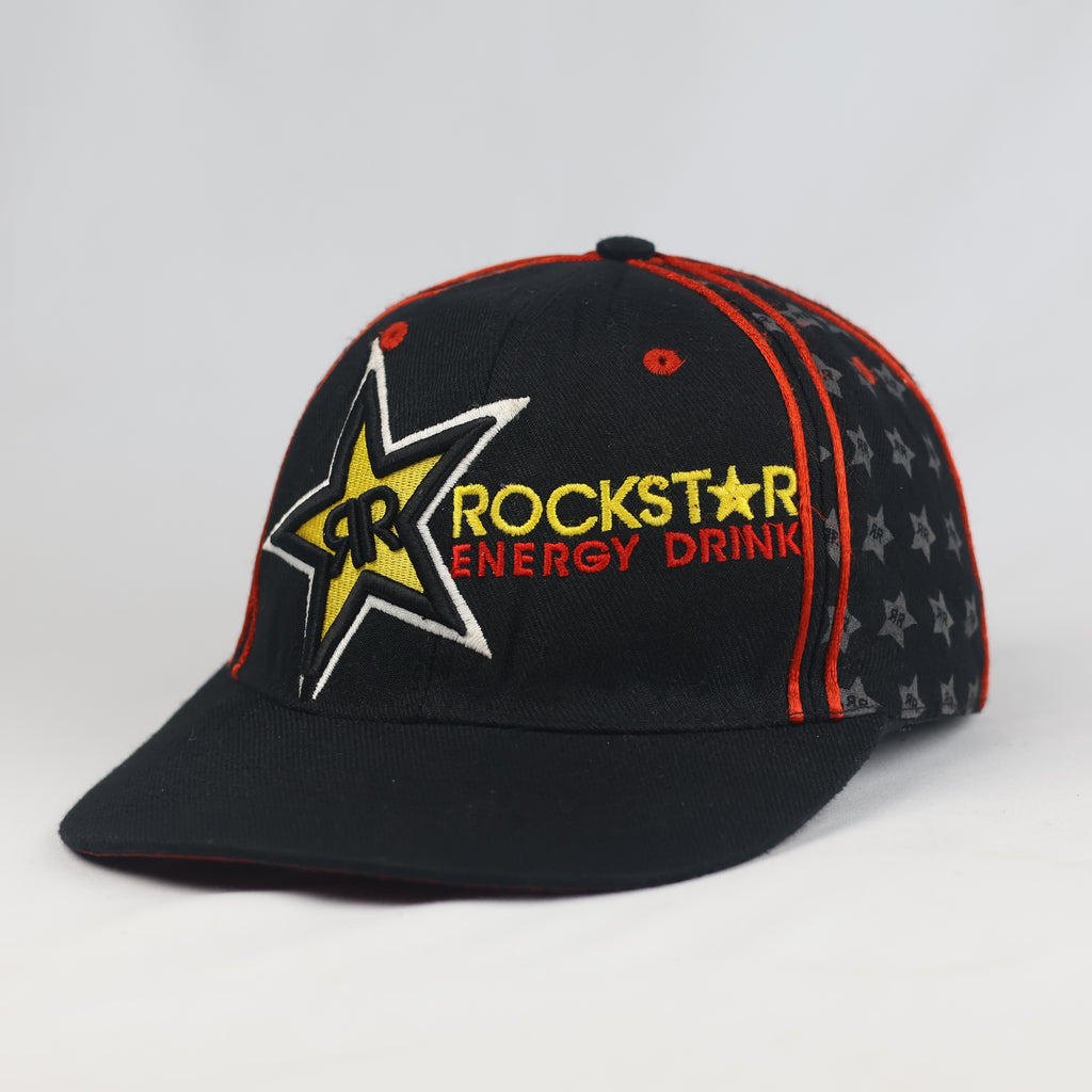 Thrifted Black Rockstar Energy Drink Cap with Star Print & Red Piping - Fitted 57cm | 10993