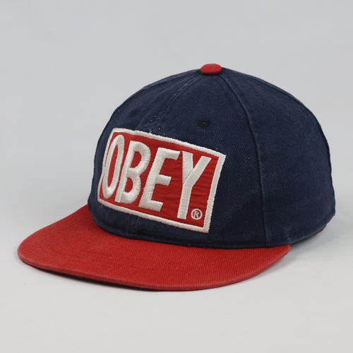 Thrifted Obey Two-Tone Navy Red Embroidered Snapback Hat - Size 54-56cm