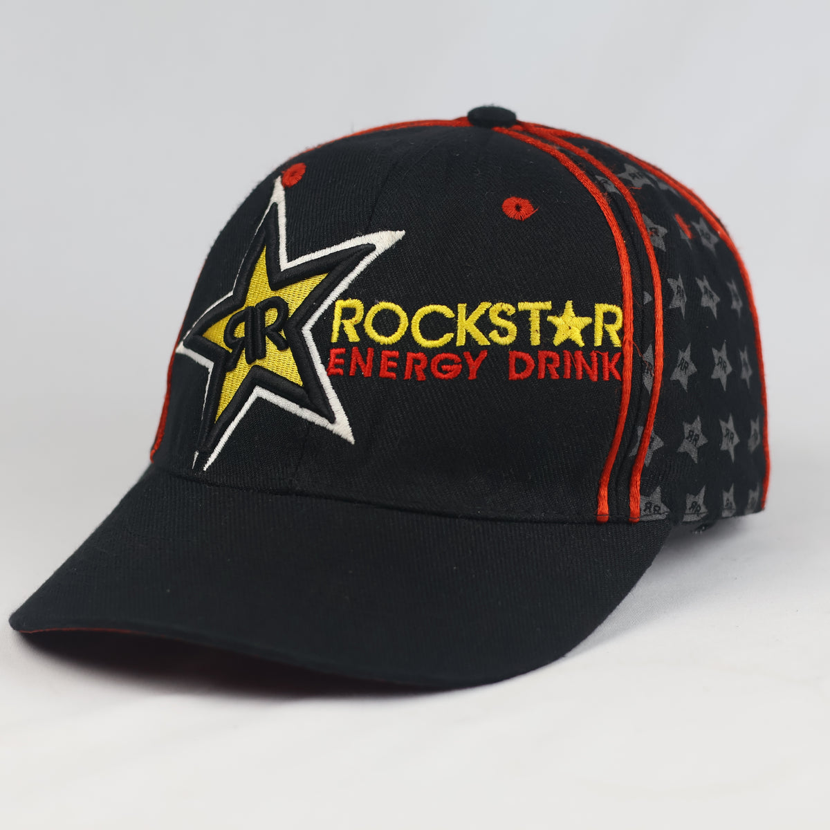 Thrifted Black Rockstar Energy Drink Cap with Star Print & Red Piping - Fitted 57cm | 10993