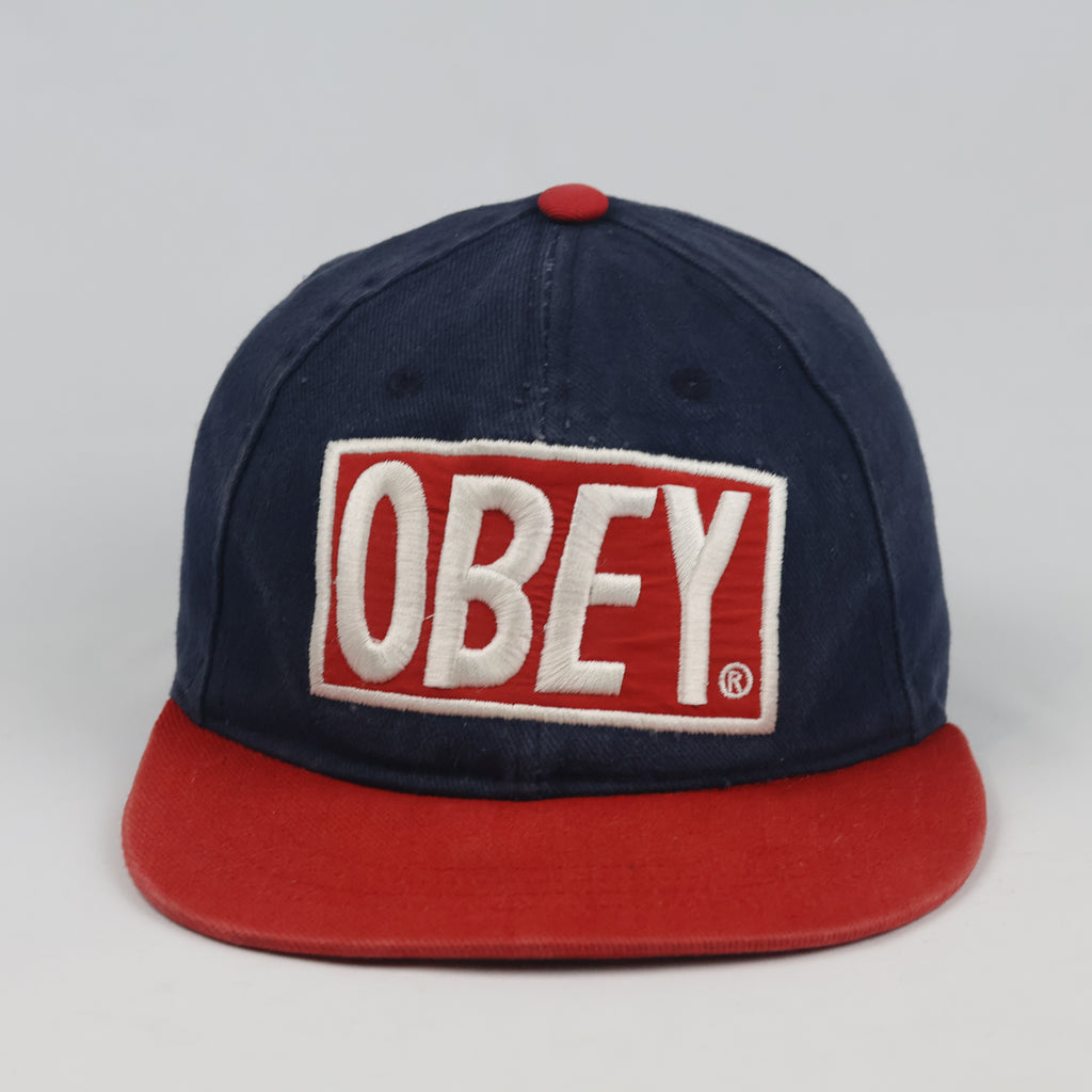 Thrifted Obey Two-Tone Navy Red Embroidered Snapback Hat - Size 54-56cm