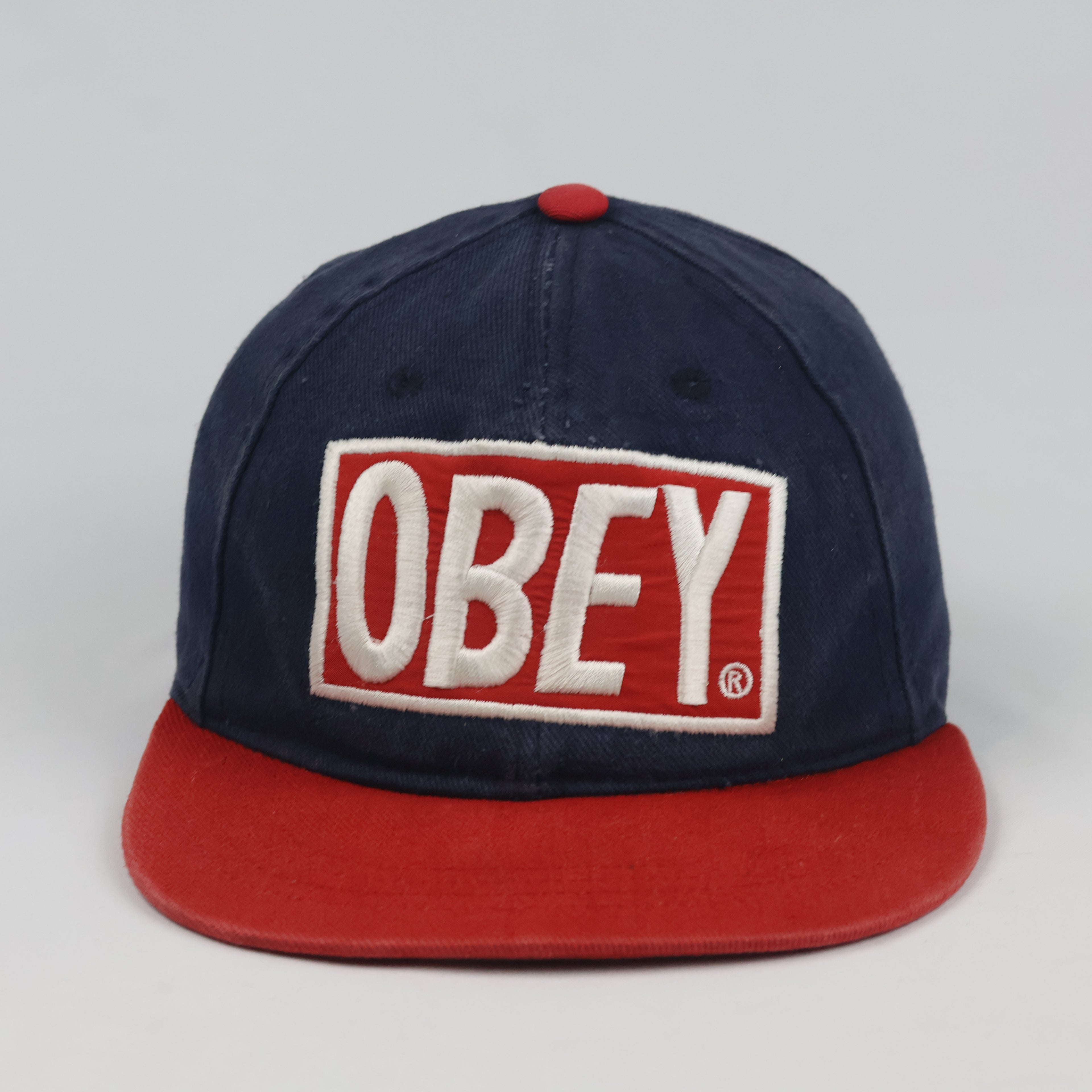 Thrifted Obey Two-Tone Navy Red Embroidered Snapback Hat - Size 54-56cm