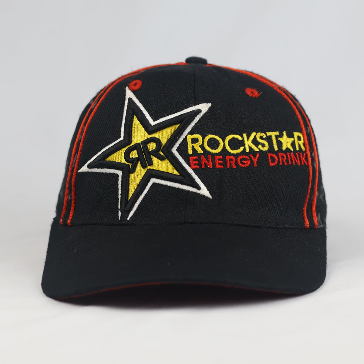 Thrifted Black Rockstar Energy Drink Cap with Star Print & Red Piping - Fitted 57cm | 10993