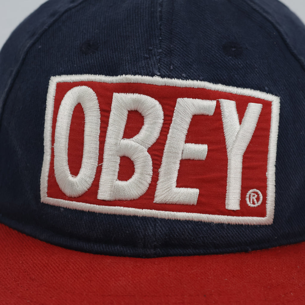 Thrifted Obey Two-Tone Navy Red Embroidered Snapback Hat - Size 54-56cm