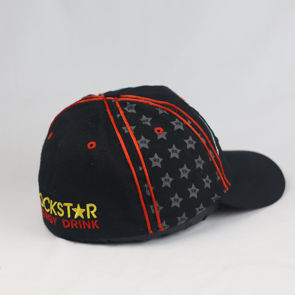 Thrifted Black Rockstar Energy Drink Cap with Star Print & Red Piping - Fitted 57cm | 10993