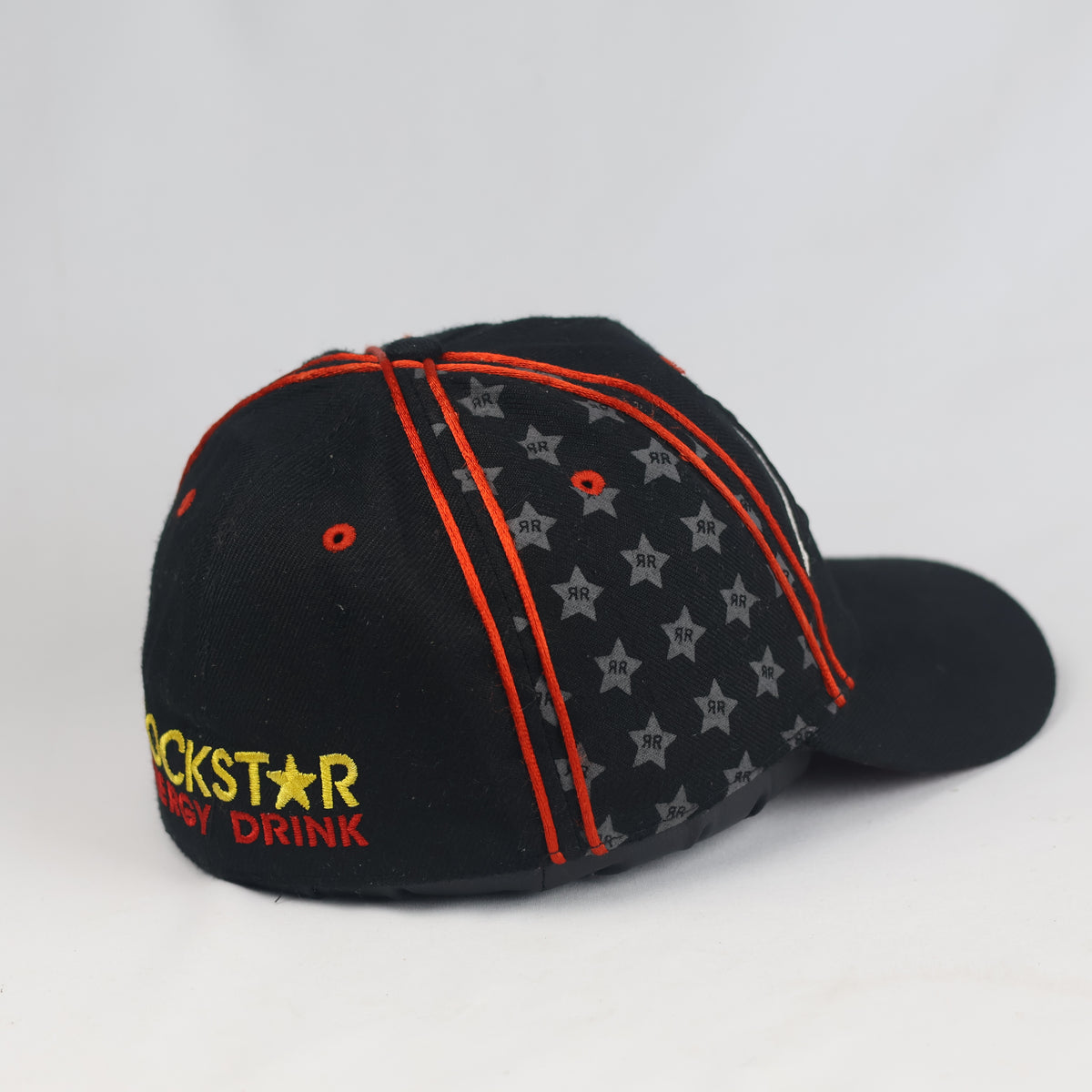 Thrifted Black Rockstar Energy Drink Cap with Star Print & Red Piping - Fitted 57cm | 10993