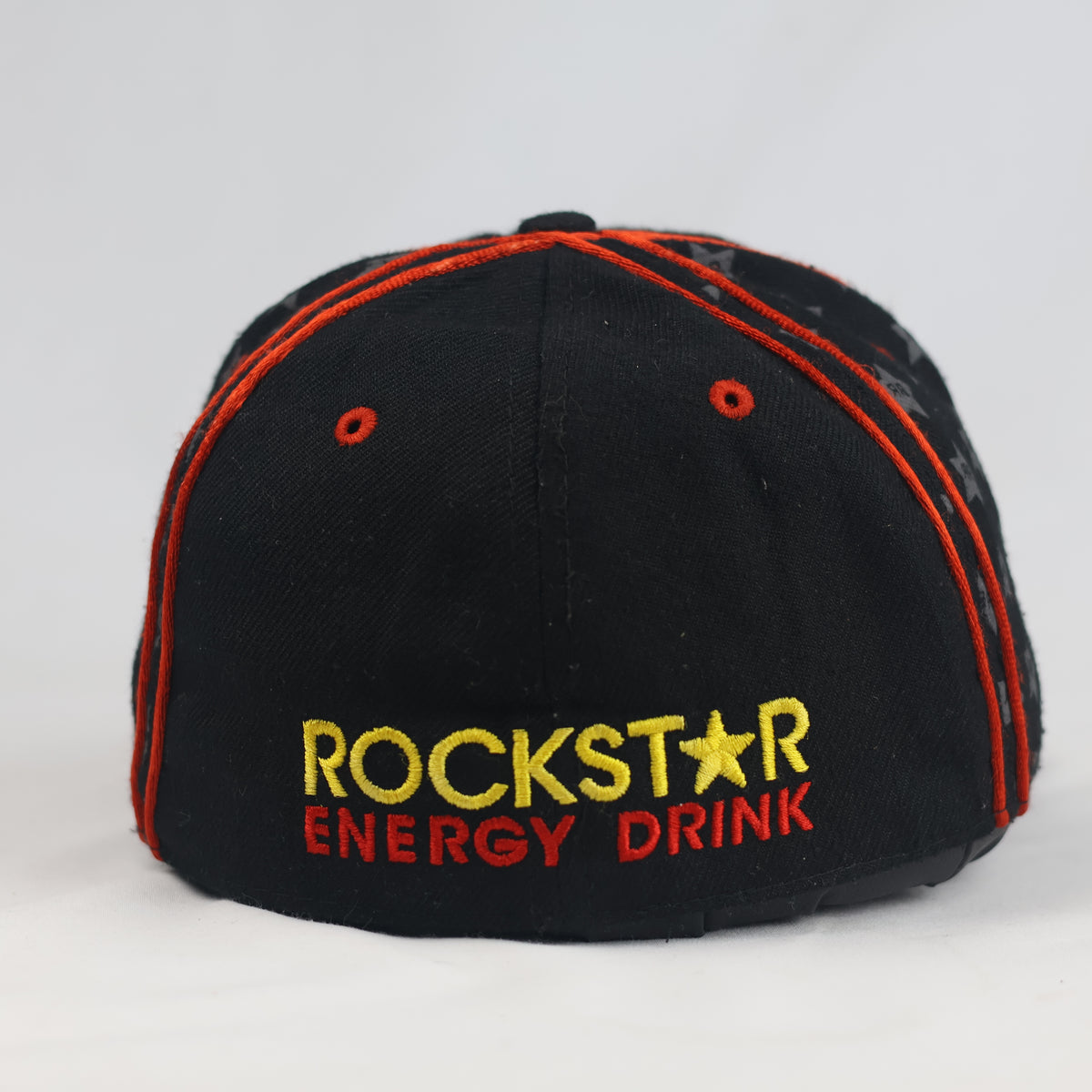 Thrifted Black Rockstar Energy Drink Cap with Star Print & Red Piping - Fitted 57cm | 10993