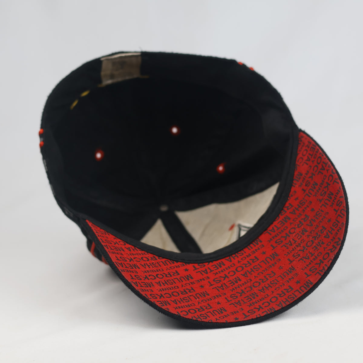 Thrifted Black Rockstar Energy Drink Cap with Star Print & Red Piping - Fitted 57cm | 10993