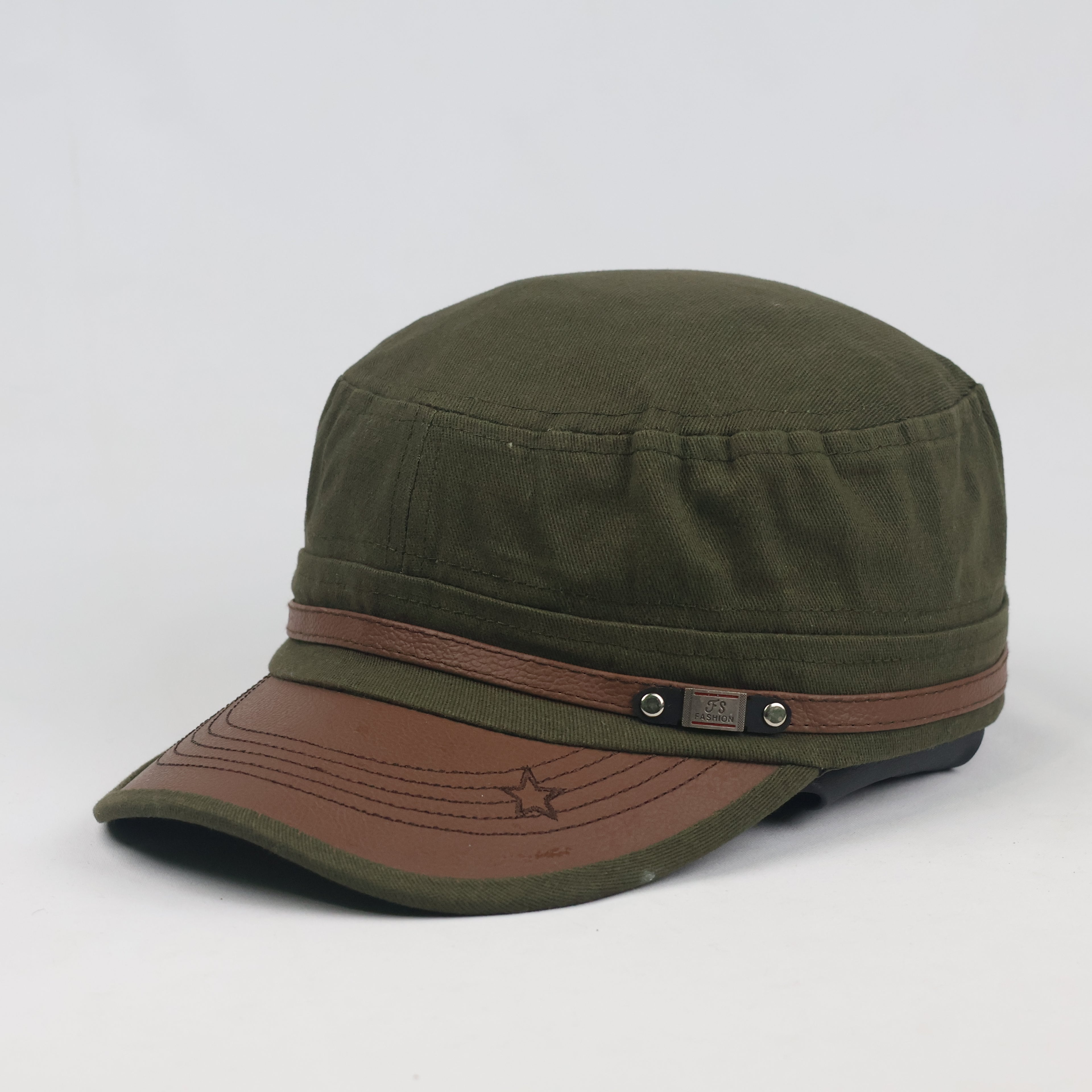 Thrifted Olive Army Style Military Flat Top Cap - Size 57-59cm