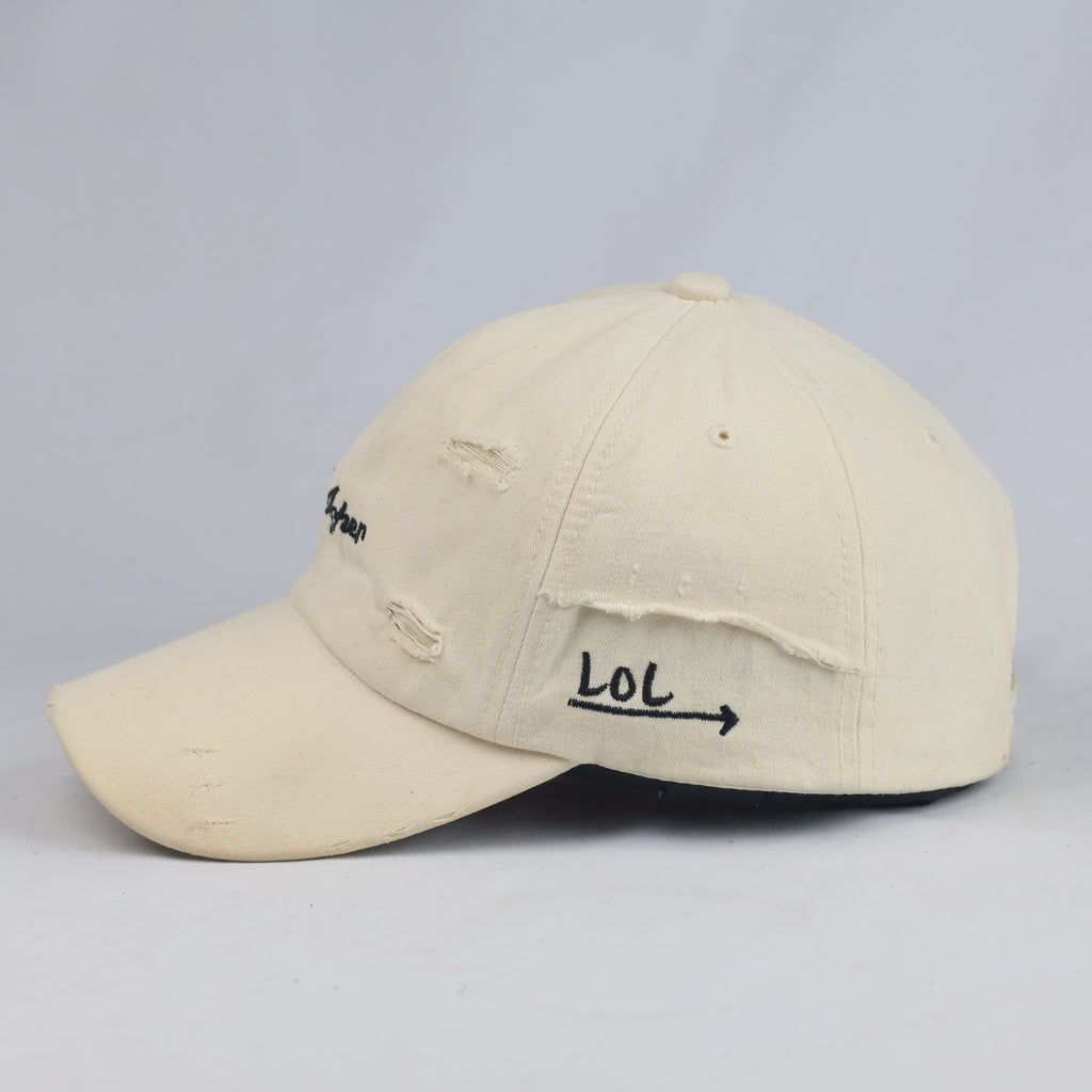 Thrifted Cream "Asher" Embroidered Baseball Cap - Vintage Ripped Style Dad Hat (56-57cm) | 10994