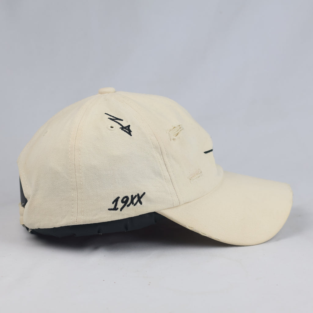 Thrifted Cream "Asher" Embroidered Baseball Cap - Vintage Ripped Style Dad Hat (56-57cm) | 10994