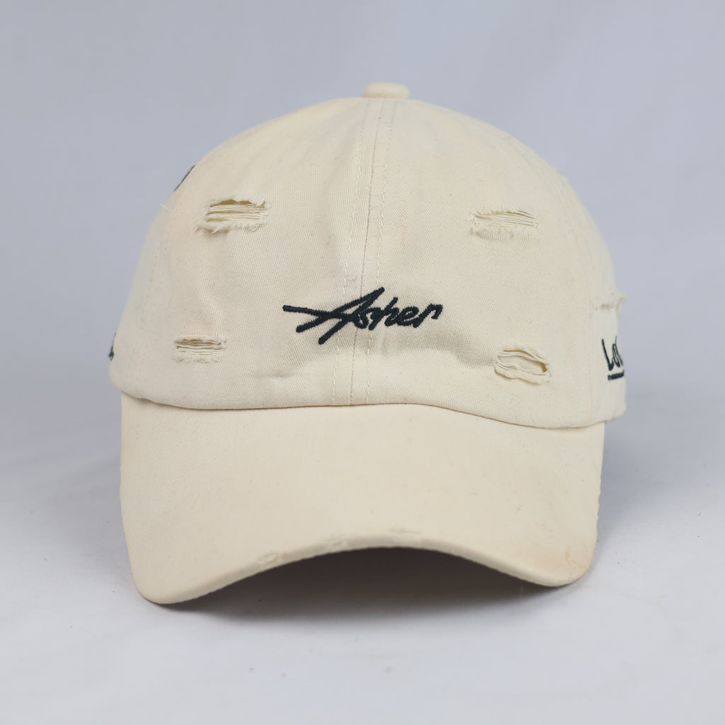 Thrifted Cream "Asher" Embroidered Baseball Cap - Vintage Ripped Style Dad Hat (56-57cm) | 10994