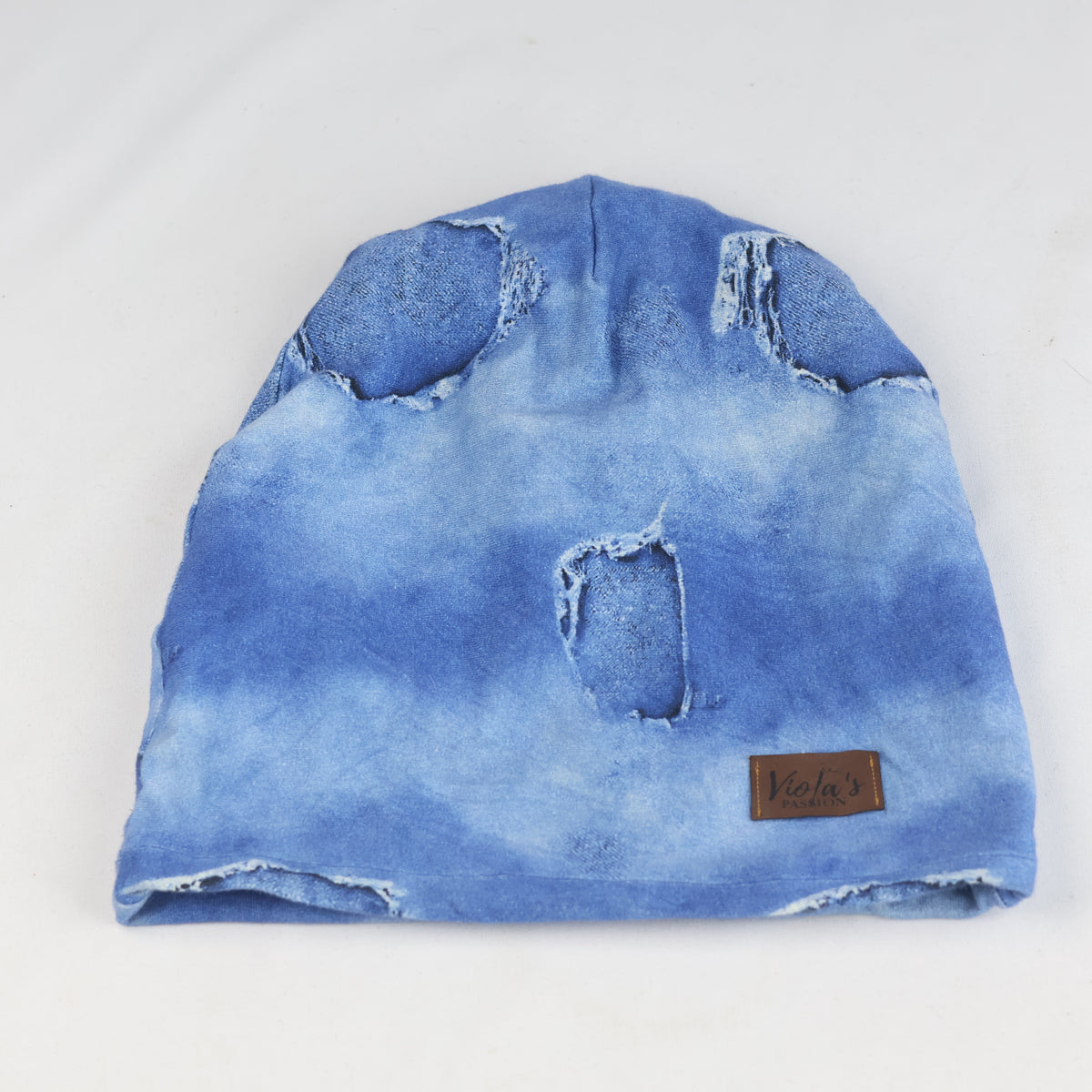 Thrifted Viola's Passion Distressed Denim-Look Beanie - Blue Slouchy Hat Adult