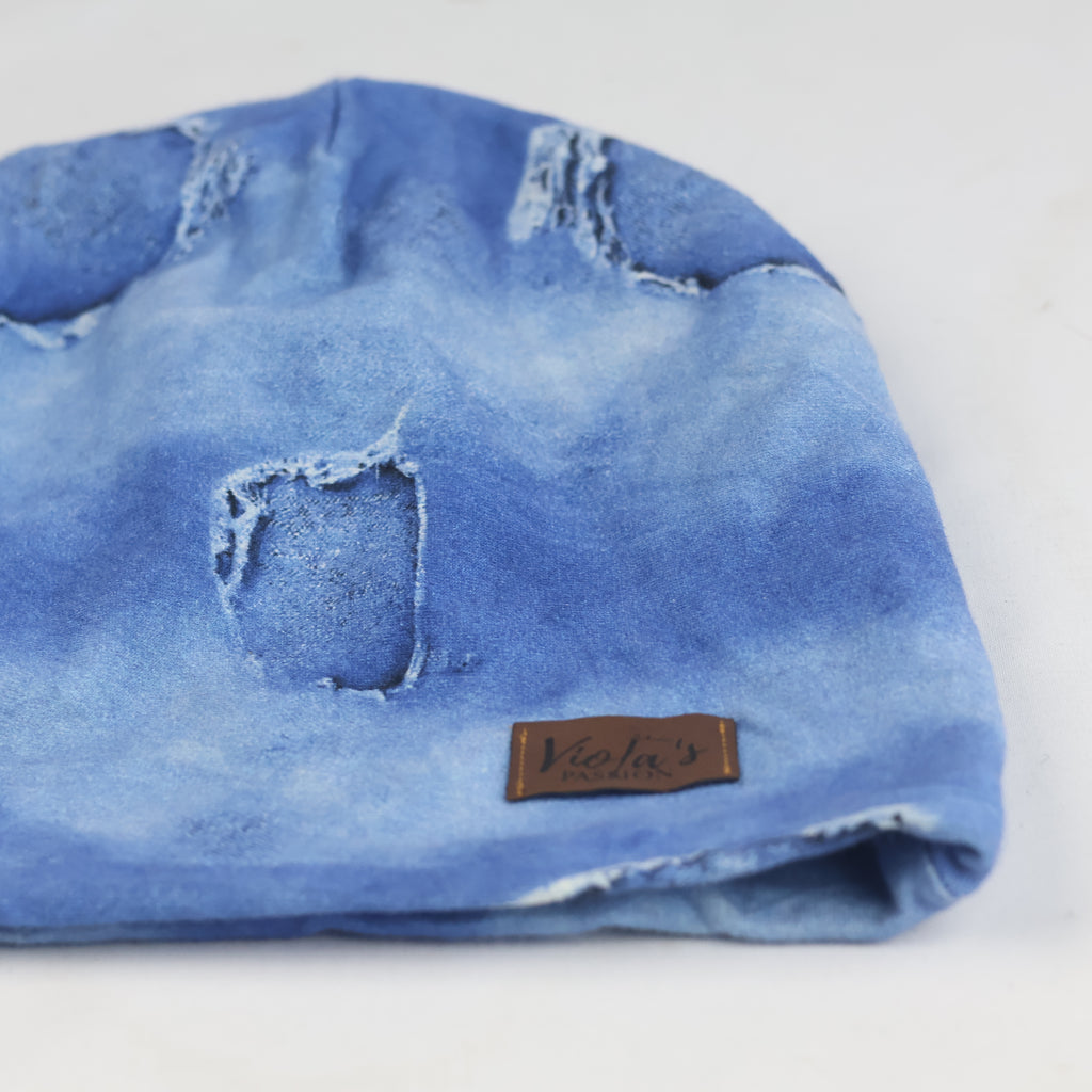 Thrifted Viola's Passion Distressed Denim-Look Beanie - Blue Slouchy Hat Adult