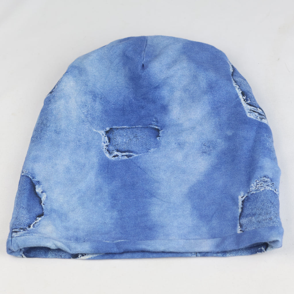 Thrifted Viola's Passion Distressed Denim-Look Beanie - Blue Slouchy Hat Adult