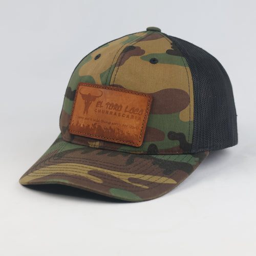 Thrifted El Toro Loco Camo Leather Patch Trucker Cap | 11042