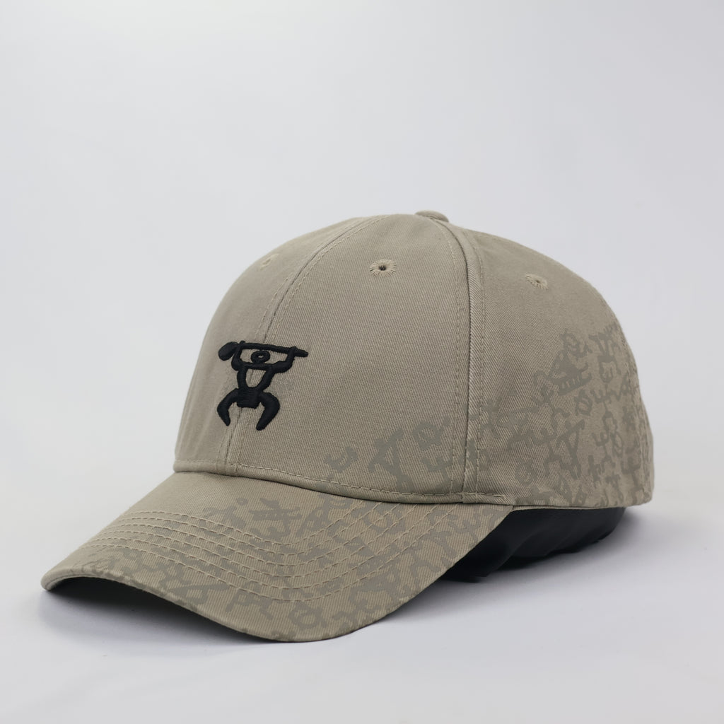 Hawaiian Headwear Khaki Thrifted Cap with Tribal Petroglyph Print & Flag Detail