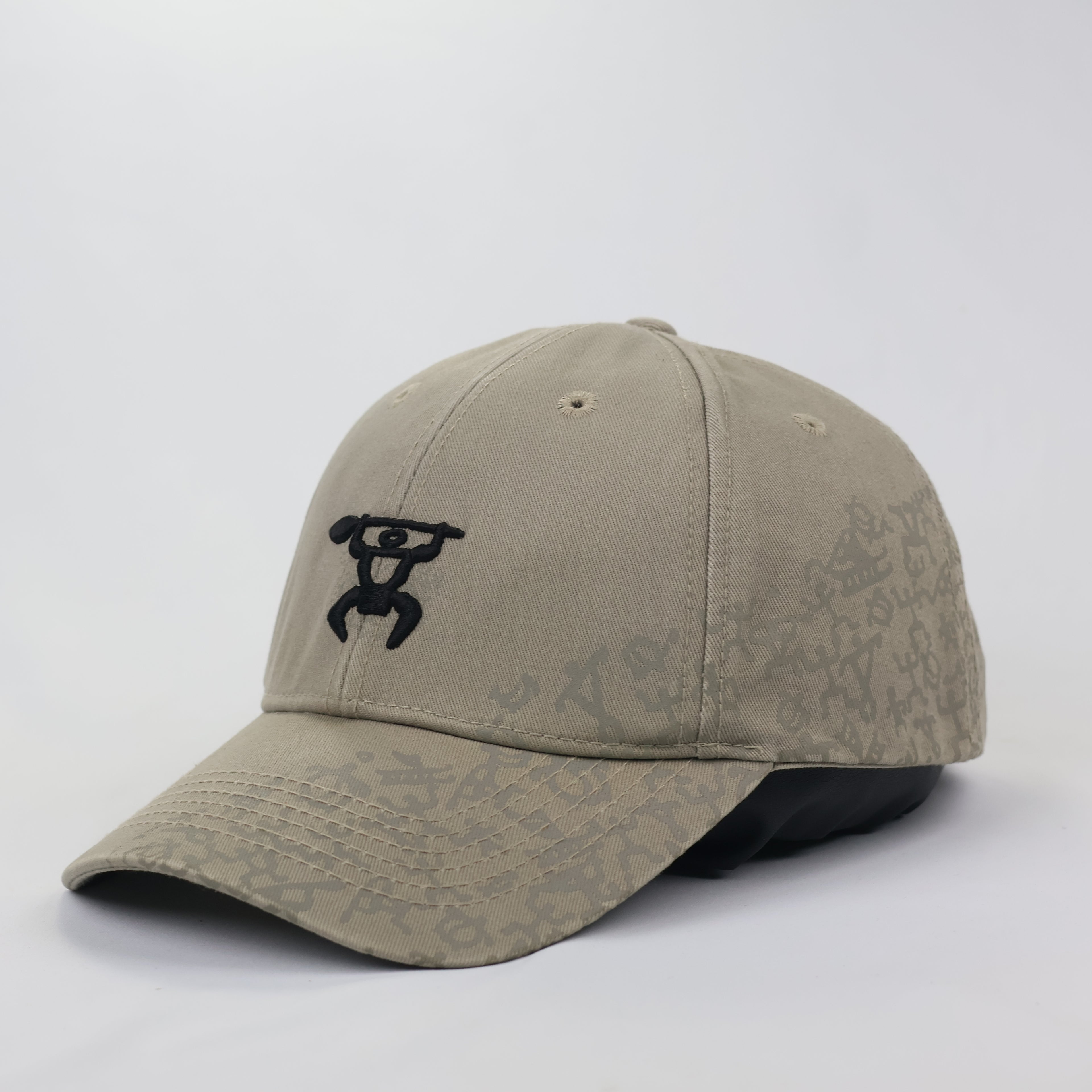 Hawaiian Headwear Khaki Thrifted Cap with Tribal Petroglyph Print & Flag Detail