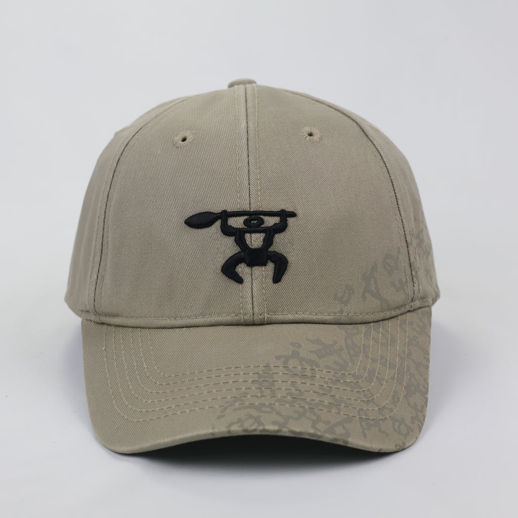 Hawaiian Headwear Khaki Thrifted Cap with Tribal Petroglyph Print & Flag Detail
