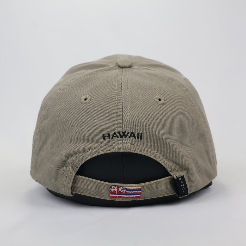 Hawaiian Headwear Khaki Thrifted Cap with Tribal Petroglyph Print & Flag Detail