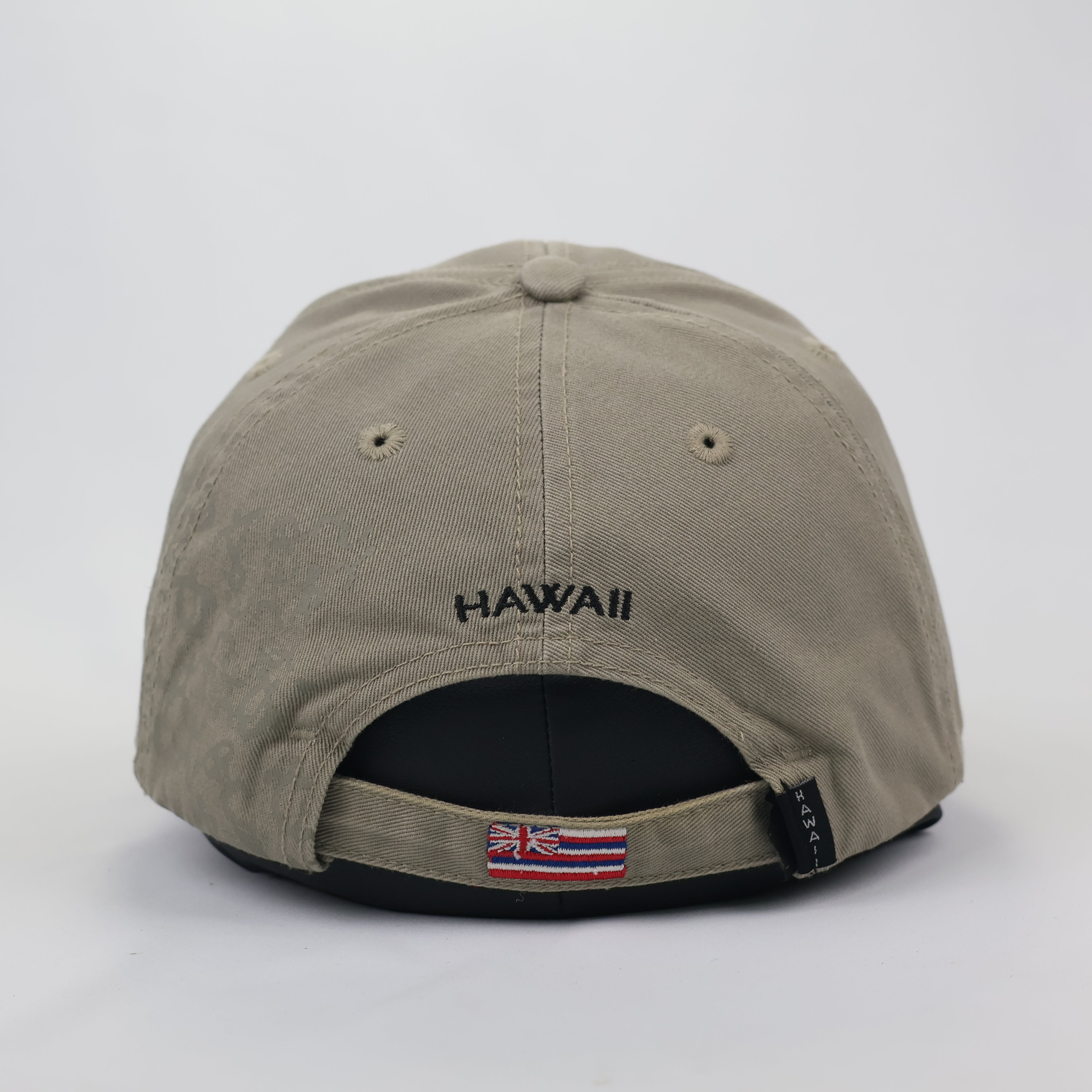 Hawaiian Headwear Khaki Thrifted Cap with Tribal Petroglyph Print & Flag Detail