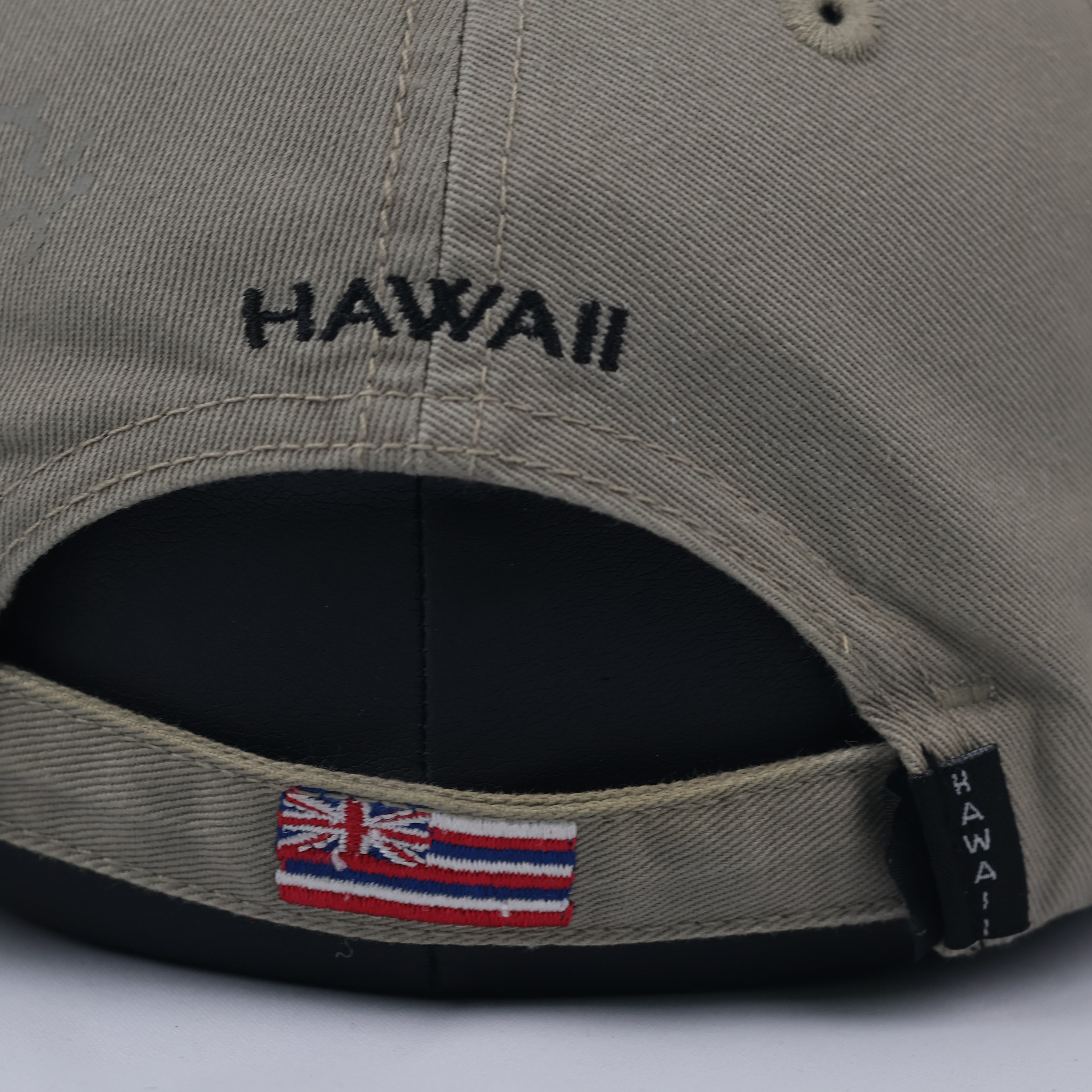Hawaiian Headwear Khaki Thrifted Cap with Tribal Petroglyph Print & Flag Detail