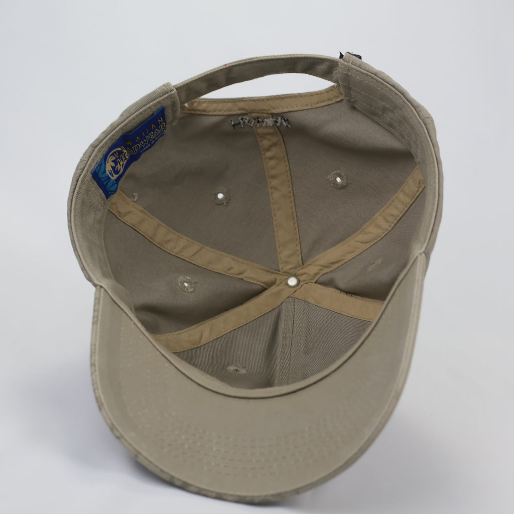 Hawaiian Headwear Khaki Thrifted Cap with Tribal Petroglyph Print & Flag Detail