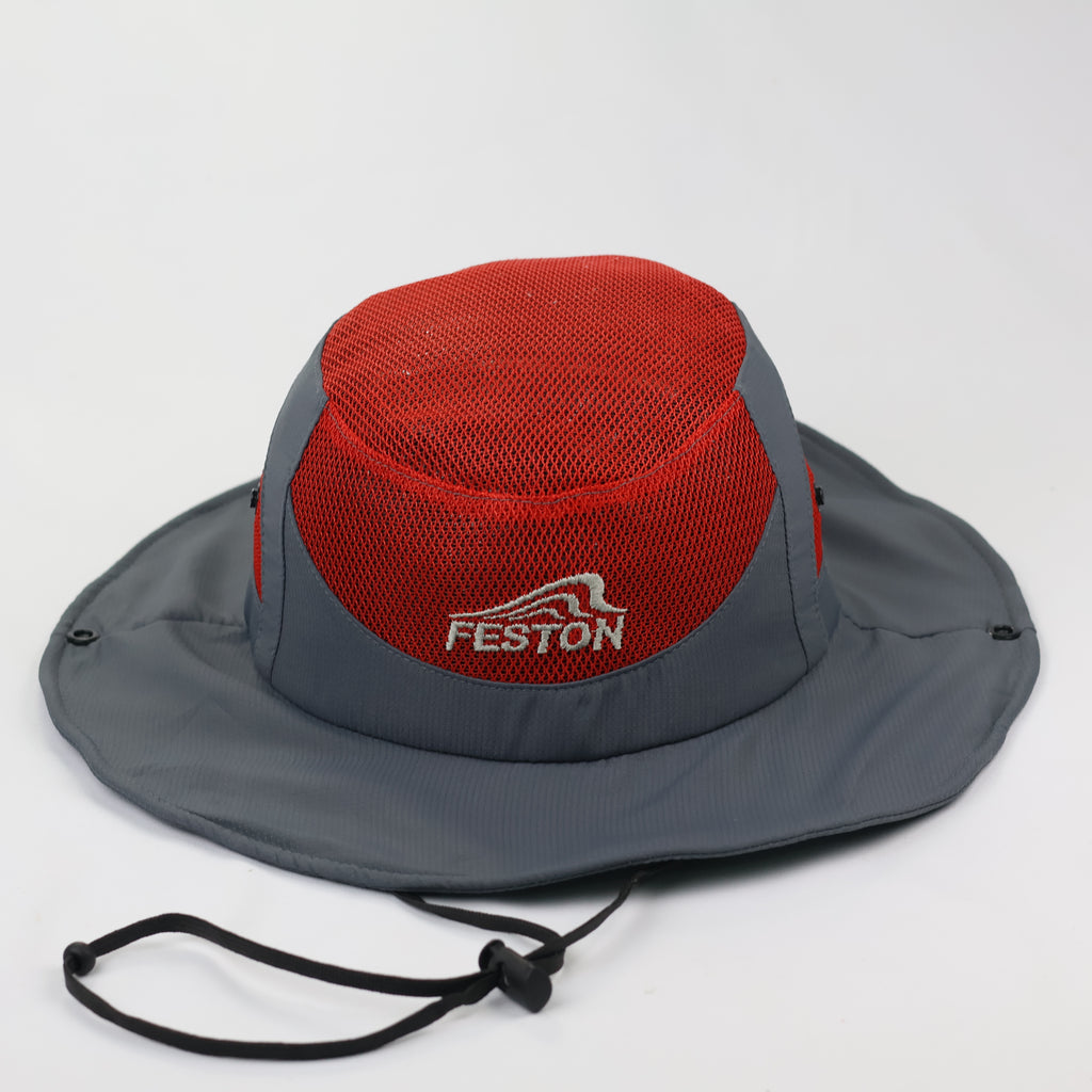 Feston Sport Breathable Safari Hat - Grey & Red Mesh Fisherman Cap