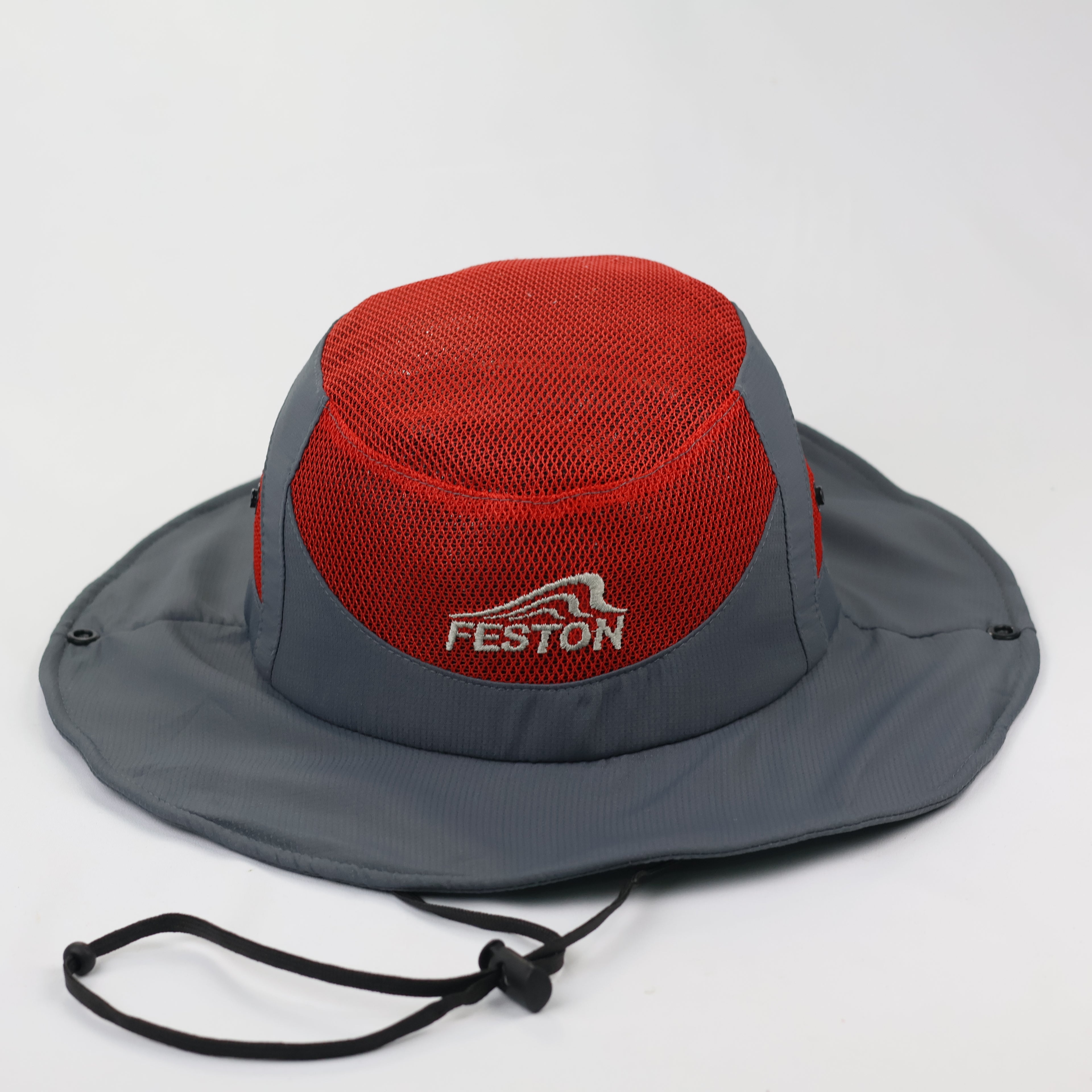 Feston Sport Breathable Safari Hat - Grey & Red Mesh Fisherman Cap