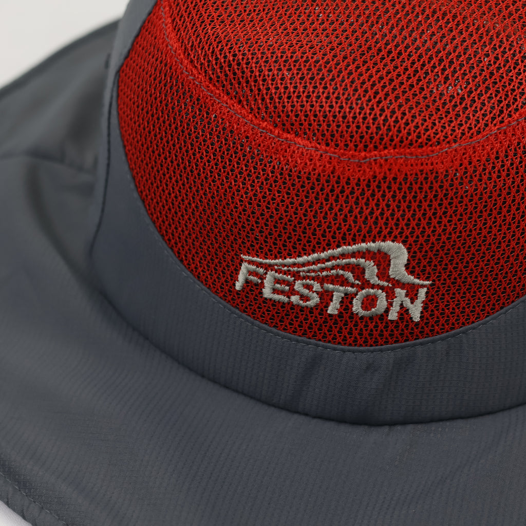 Feston Sport Breathable Safari Hat - Grey & Red Mesh Fisherman Cap