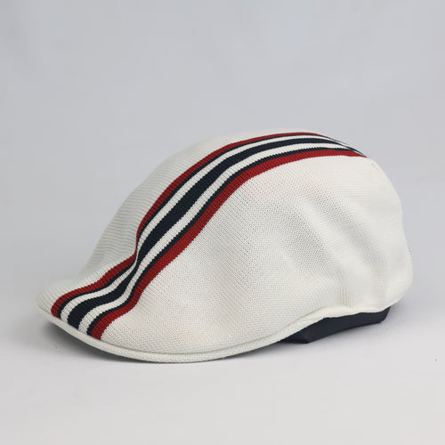 Thrifted Off-White Tricolor Striped Knit Ivy Newsboy Cap - Size 58cm
