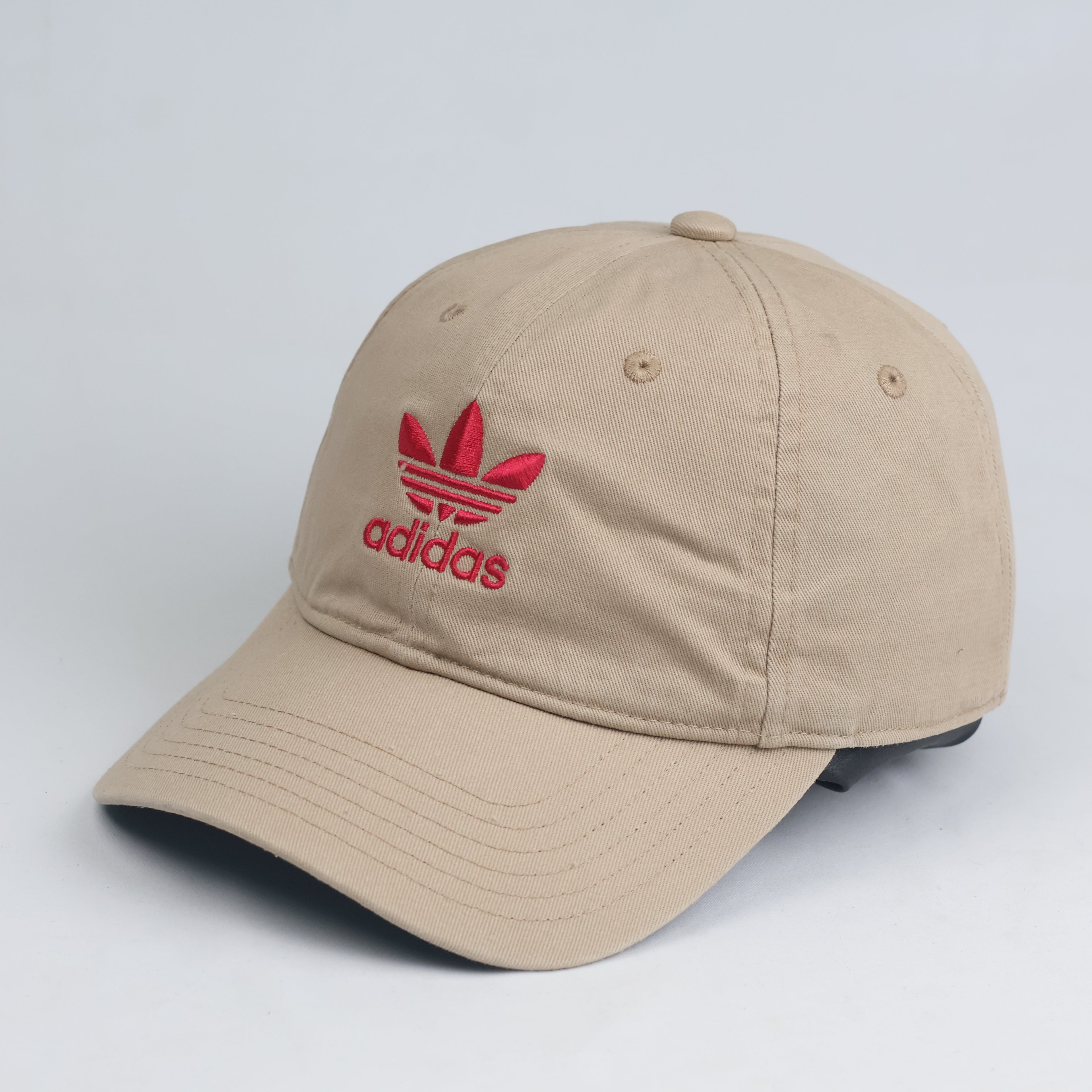 Thrifted Adidas Originals Khaki Baseball Cap - Pink Embroidered Trefoil