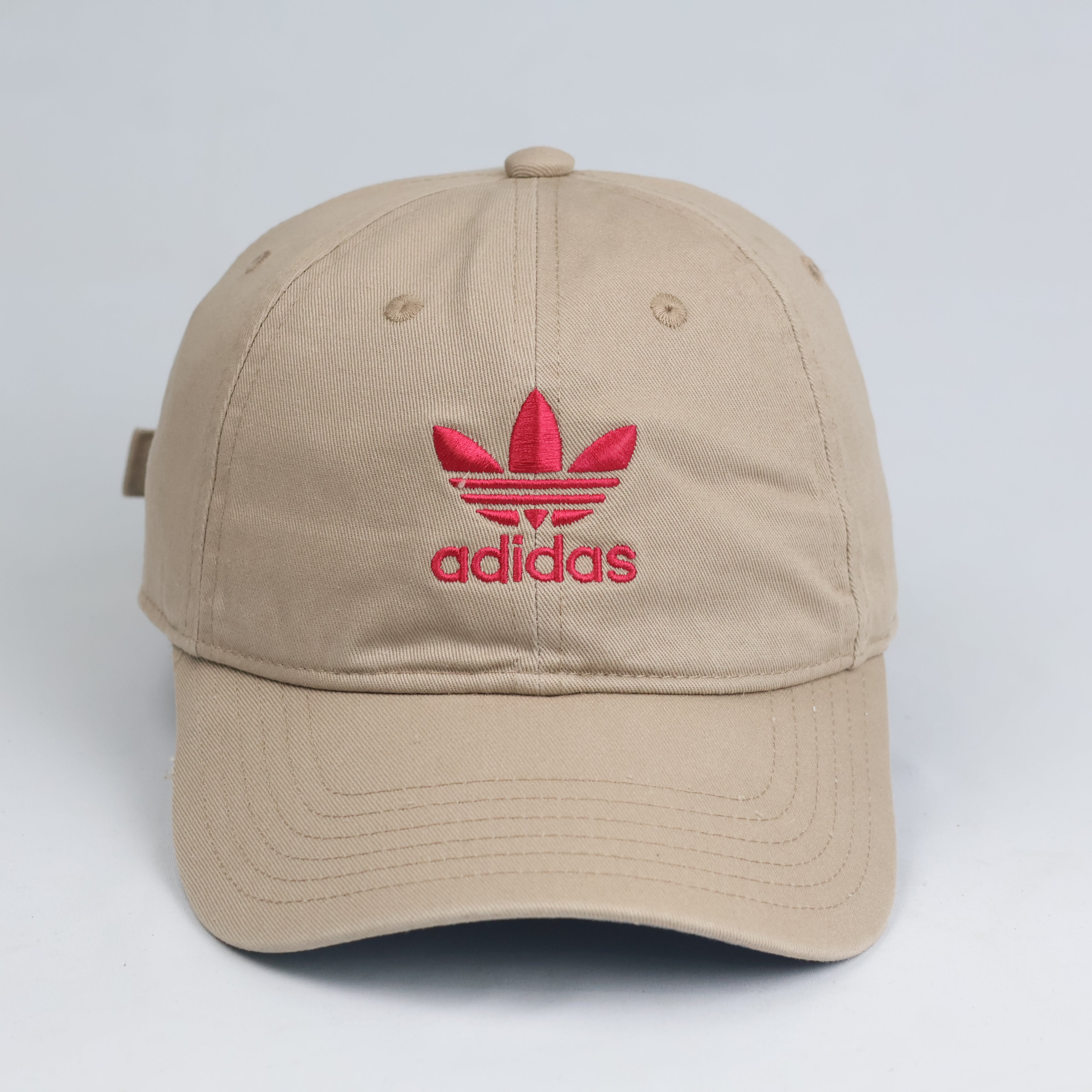 Thrifted Adidas Originals Khaki Baseball Cap - Pink Embroidered Trefoil