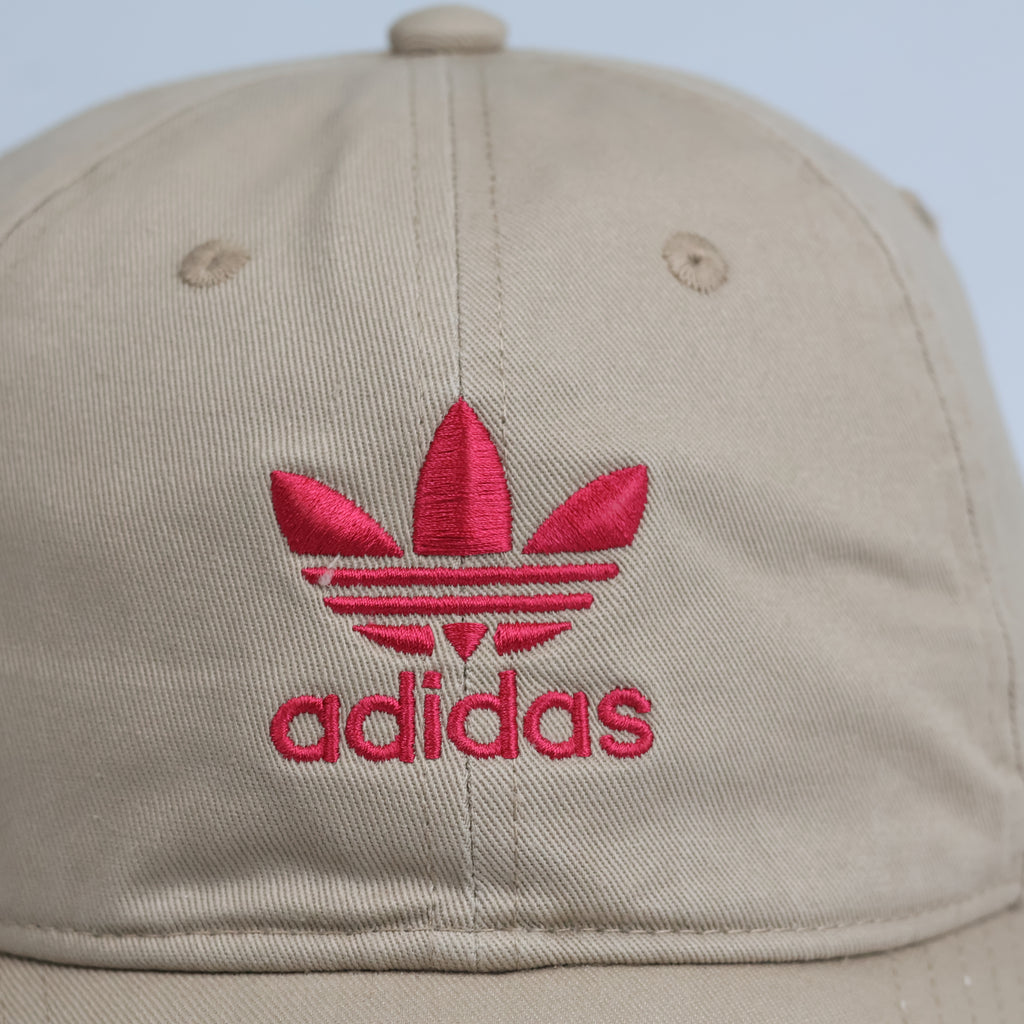 Thrifted Adidas Originals Khaki Baseball Cap - Pink Embroidered Trefoil
