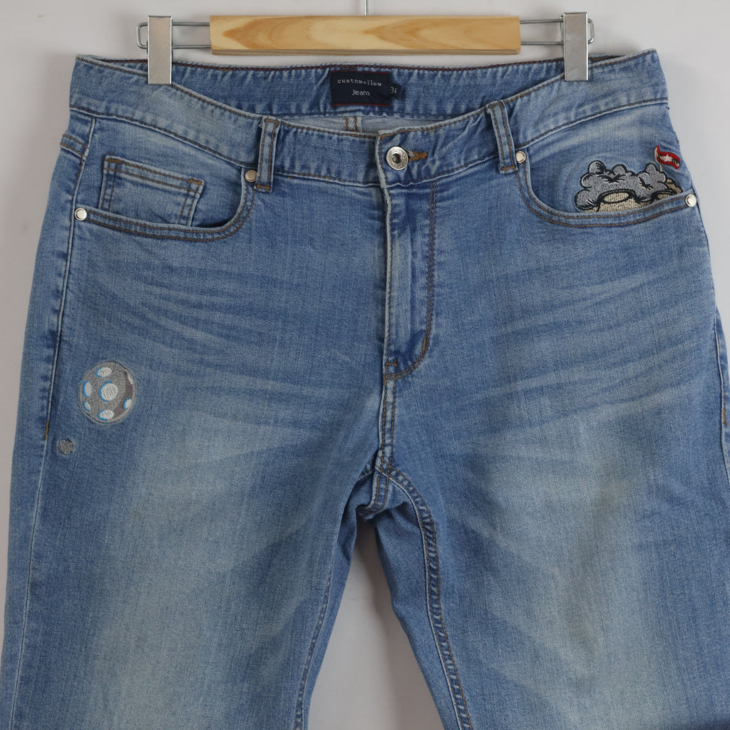 Customellow Blue Regular Fit Embroidered Denim Jeans Wais: 34/ J1112
