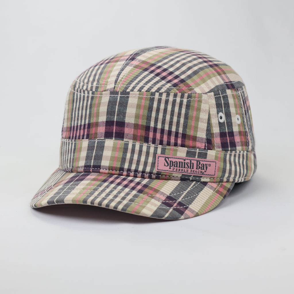 Vintage Pebble Beach Spanish Bay Plaid Cadet Thrifted Cap - Retro 1987 Military Hat
