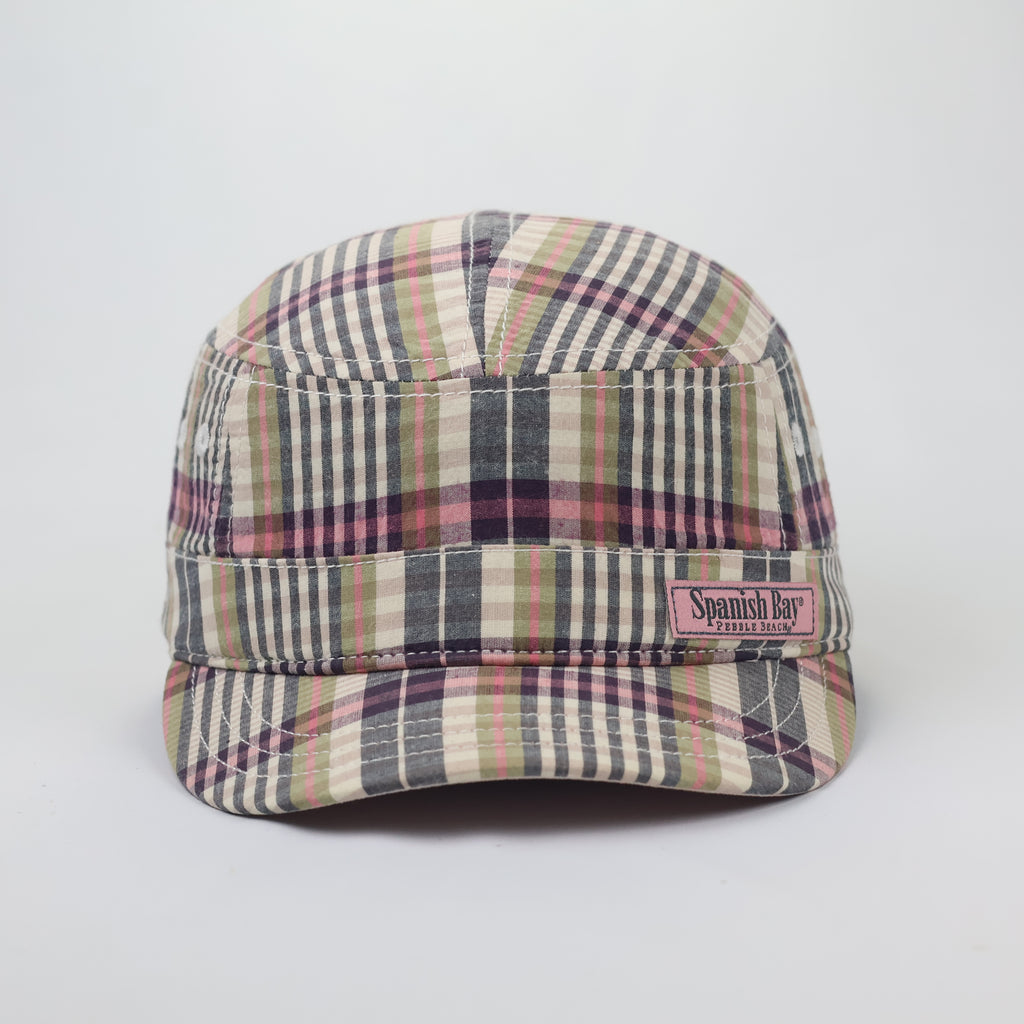 Vintage Pebble Beach Spanish Bay Plaid Cadet Thrifted Cap - Retro 1987 Military Hat