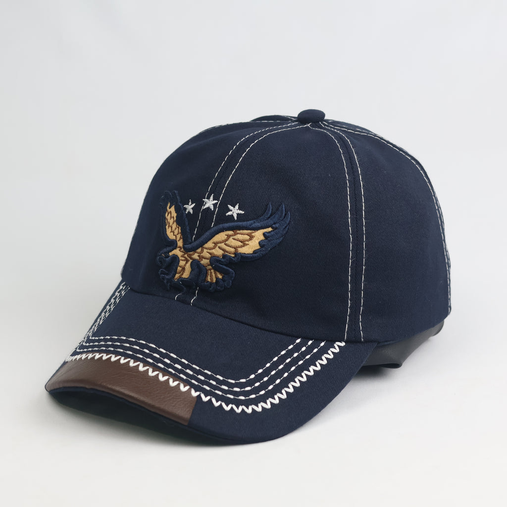 Vintage Eagle & Stars Navy Cotton Dad Hat - Faux Leather Brim Accent