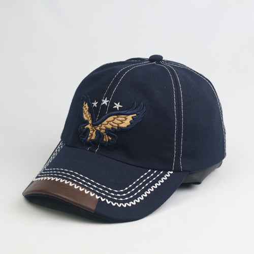 Vintage Eagle & Stars Navy Cotton Dad Hat - Faux Leather Brim Accent