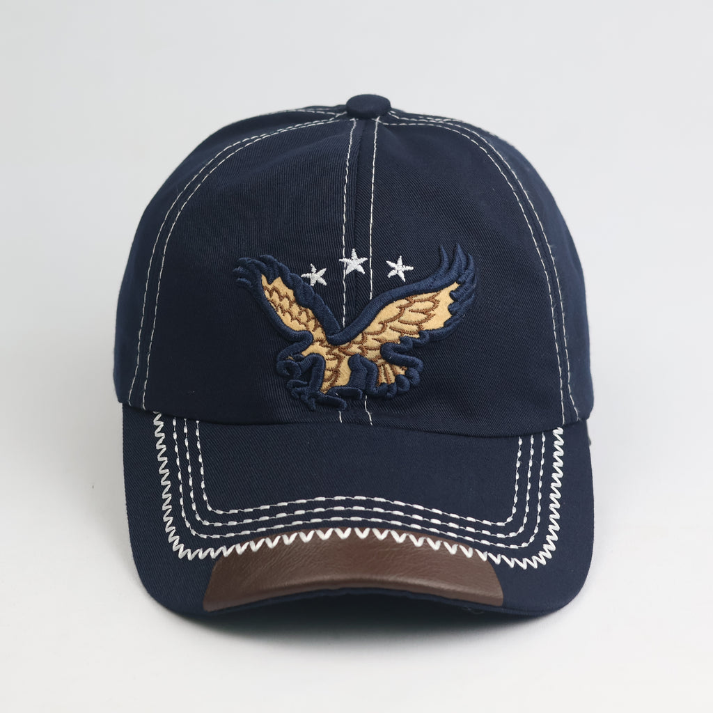 Vintage Eagle & Stars Navy Cotton Dad Hat - Faux Leather Brim Accent