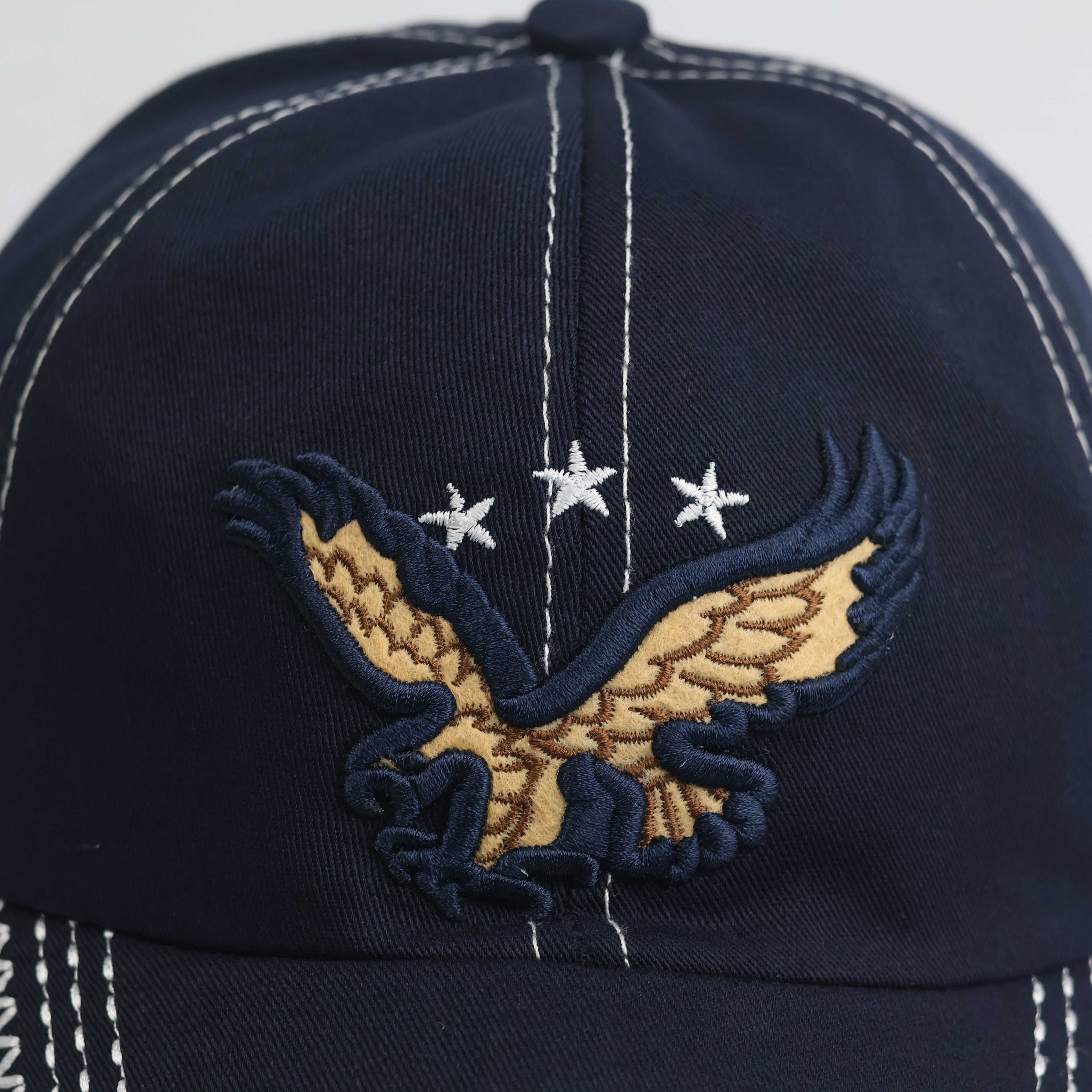 Vintage Eagle & Stars Navy Cotton Dad Hat - Faux Leather Brim Accent
