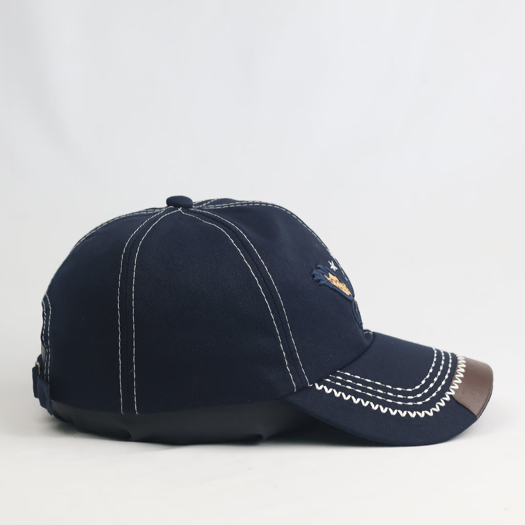Vintage Eagle & Stars Navy Cotton Dad Hat - Faux Leather Brim Accent
