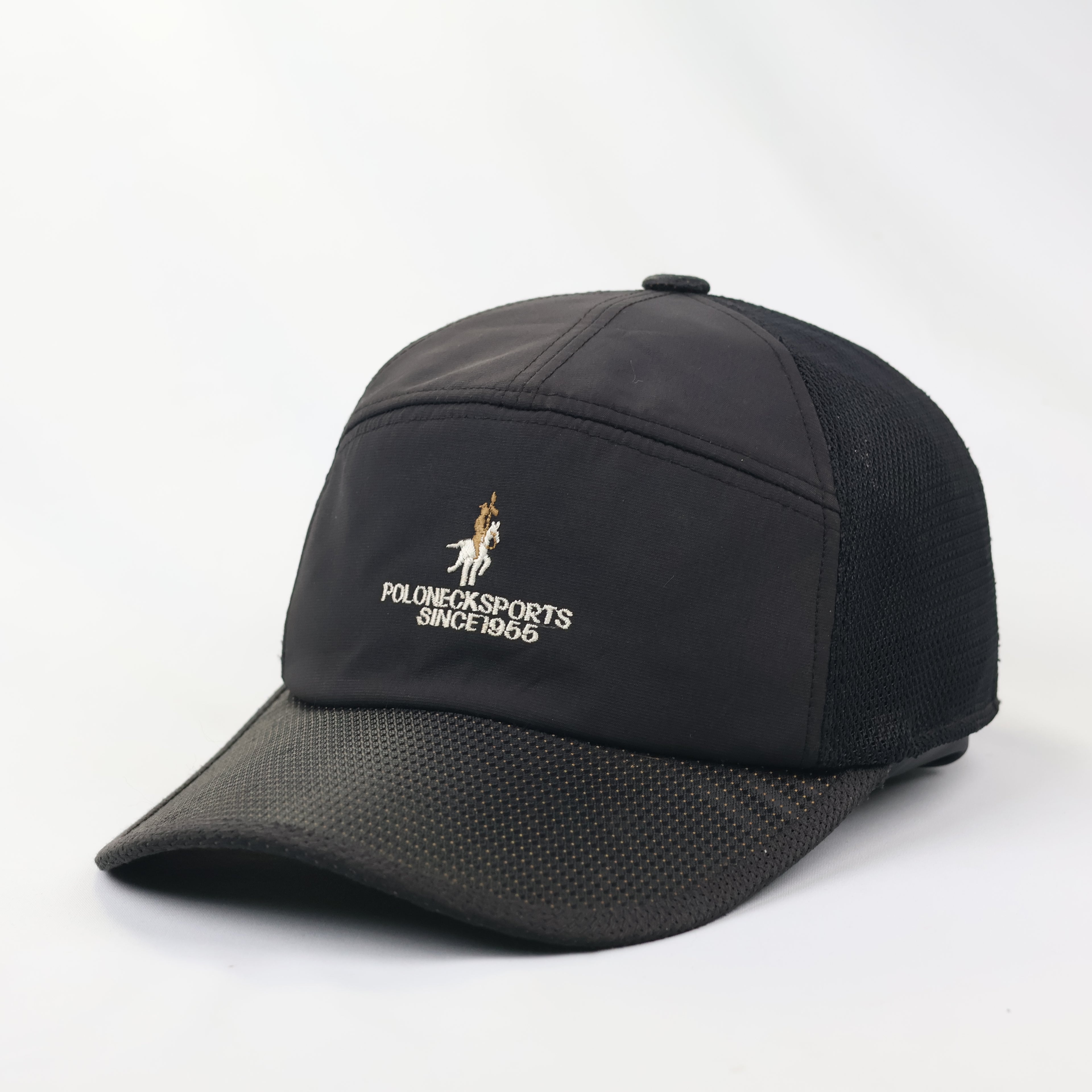 Vintage Poloneck Sports "Since 1955" Trucker Thrifted Cap - Black Technical Mesh