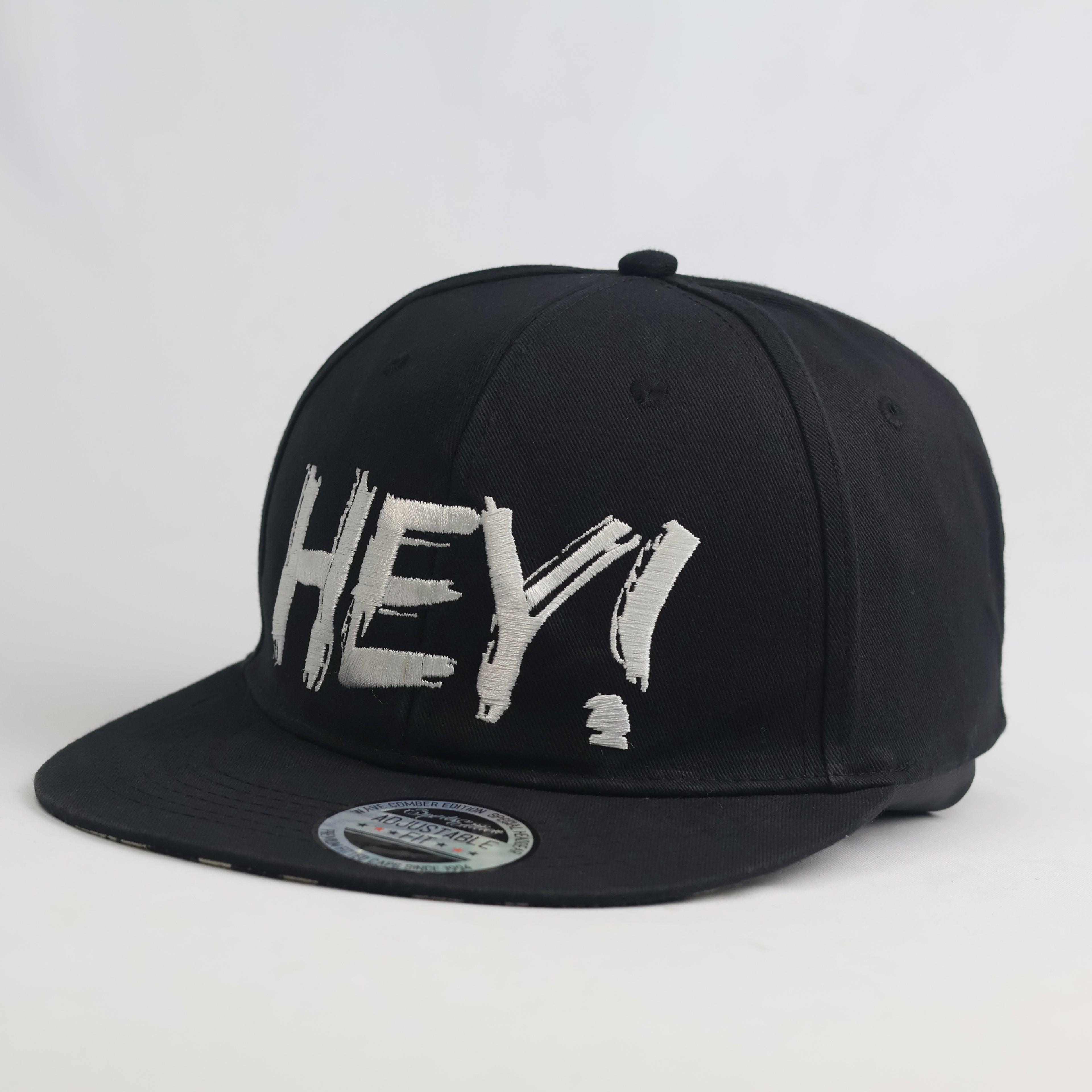 Thrifted "HEY!" Statement Black Snapback Cap | Streetwear Flat Brim Hat