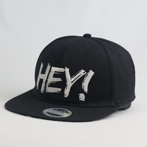 Thrifted "HEY!" Statement Black Snapback Cap | Streetwear Flat Brim Hat