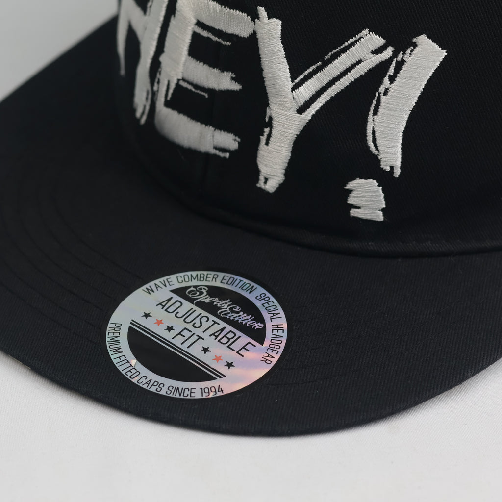 Thrifted "HEY!" Statement Black Snapback Cap | Streetwear Flat Brim Hat