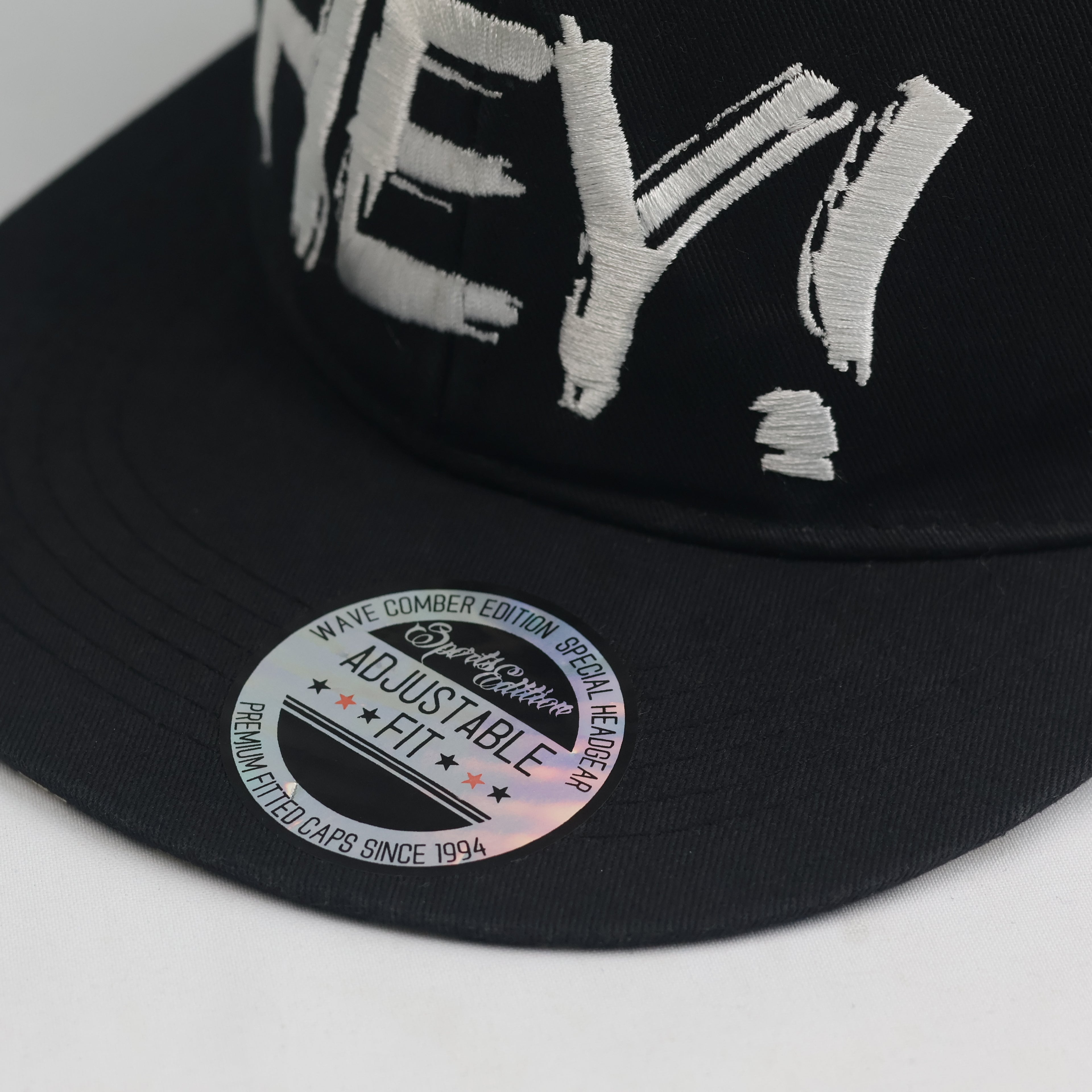 Thrifted "HEY!" Statement Black Snapback Cap | Streetwear Flat Brim Hat