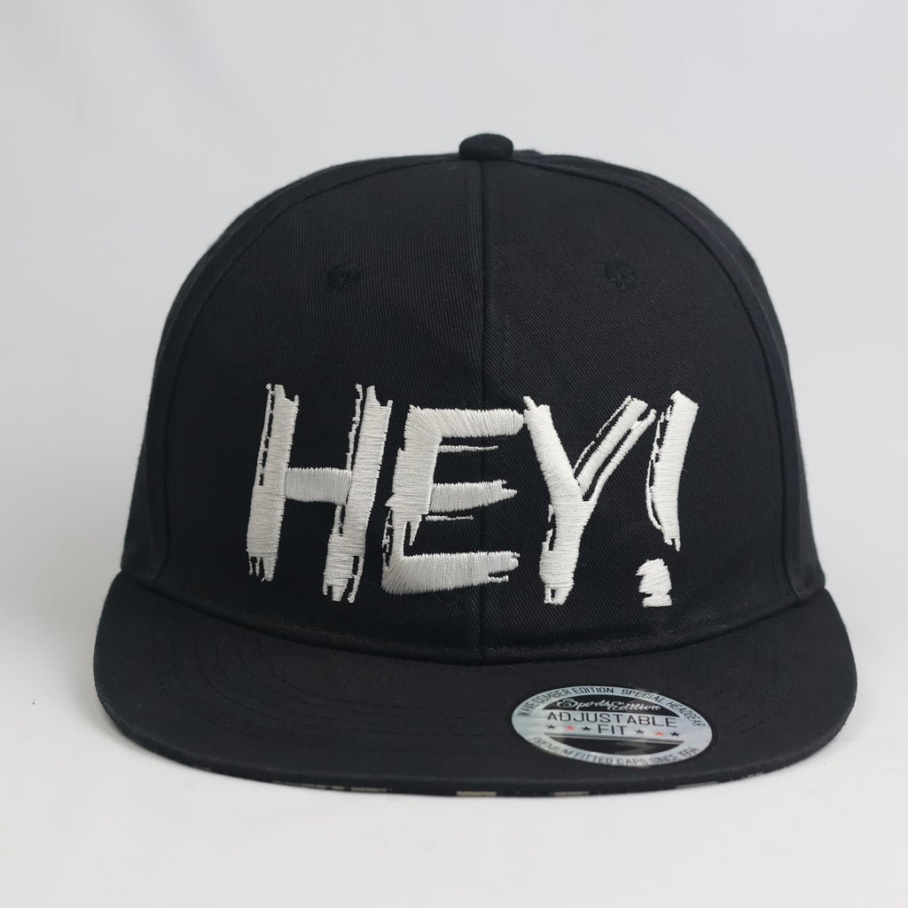 Thrifted "HEY!" Statement Black Snapback Cap | Streetwear Flat Brim Hat