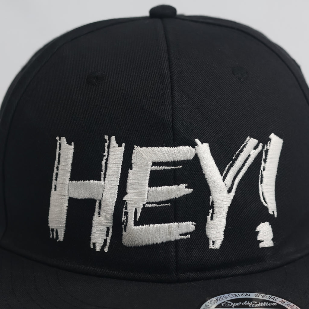 Thrifted "HEY!" Statement Black Snapback Cap | Streetwear Flat Brim Hat